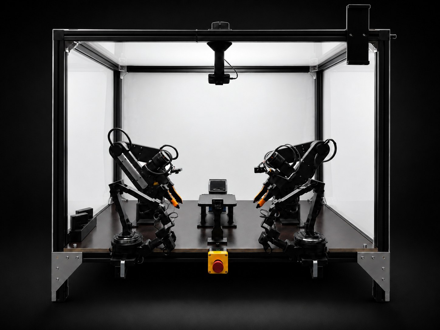 S1 — a standardized two-arm robotic work cell with a central work surface and an emergency stop, set in a black extruded-aluminium frame.