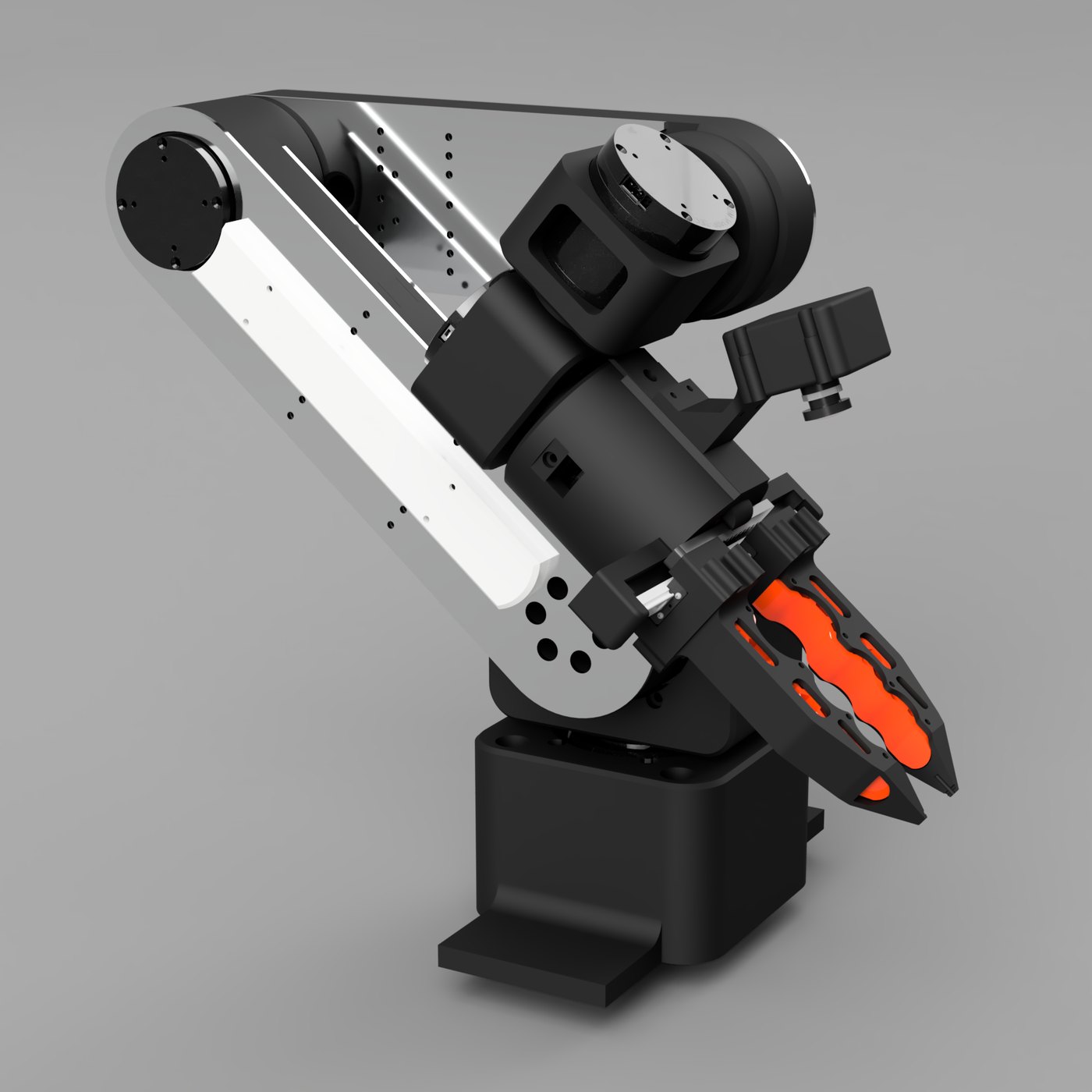 Structis S1A follower arm: a black-and-silver arm with a triangular aluminium-supported upper link, wrist camera and orange-tipped parallel gripper, standing on a black base.