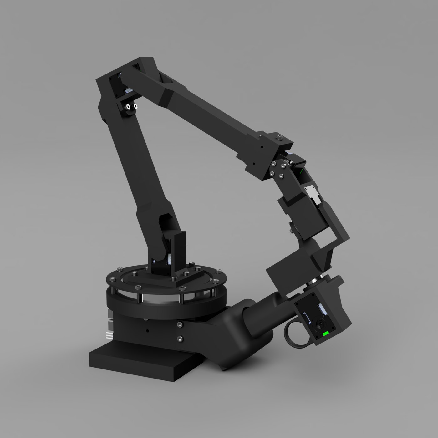 Structis S1L leader arm: a slim black teleoperation arm with open-frame printed links and a hand grip, standing on a round black base.